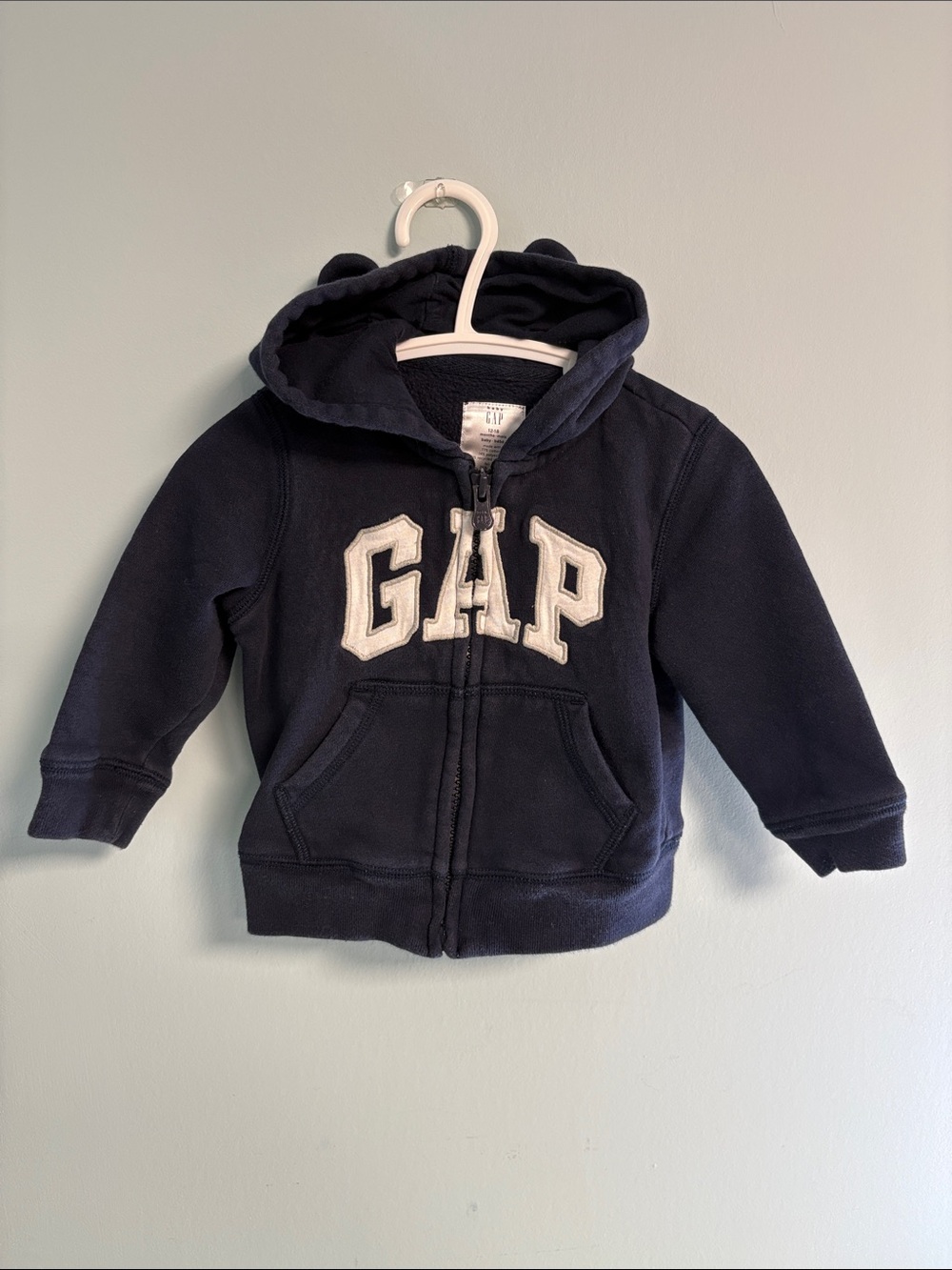 Gap Navy Blue Bear Ears Hooded Zip Up Sweatshirt, Baby Boy Size 12-18months